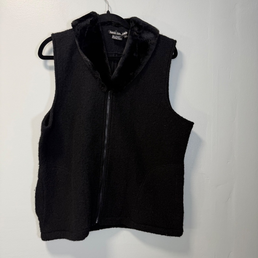 Nina Leonard Vintage Black 100% Wool Faux Fur Collar Zip Vest XL